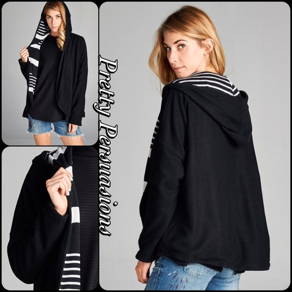 NWT Black & White Hooded Open Front Cardigan - Picture 2 of 4