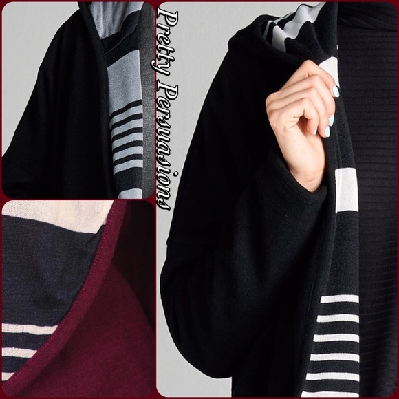 NWT Black & White Hooded Open Front Cardigan - Picture 4 of 4