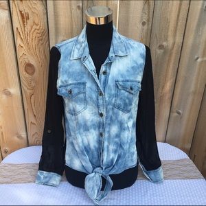 Acid Wash Denim Front Tie Blouse