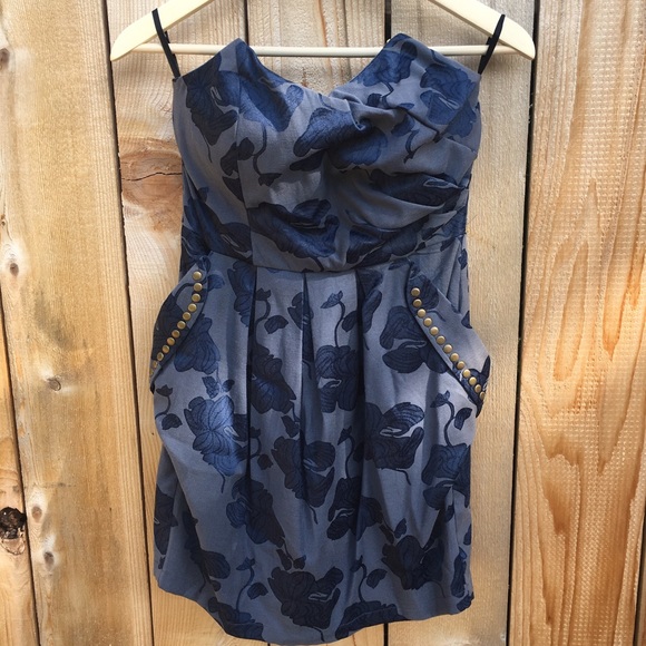 Floral Print Strapless Cocktail Dress in Navy