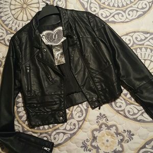 Black faux leather moto jacket
