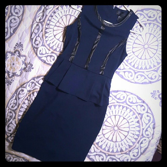 Navy peplum dress with faux leather detail