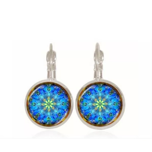 Blue & Green Mandala, Glass & Silver Earrings - Picture 2 of 5