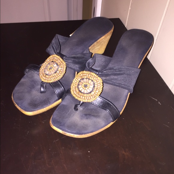 Black Wedge Shoes w/ Cork-like Bead Embellishment