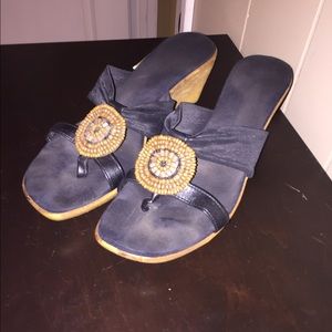 Black Wedge Shoes w/ Cork-like Bead Embellishment