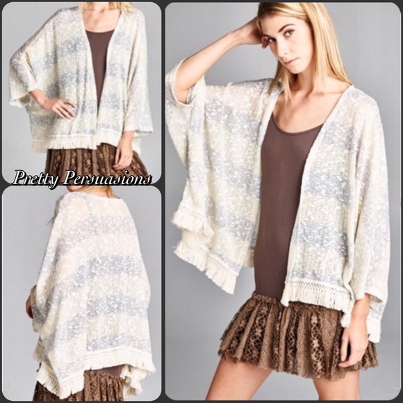 Pretty Persuasions Sweaters - Striped Fringe Hem Kimono Cardigan Sweater
