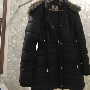 Laundry black faux fur puffy coat