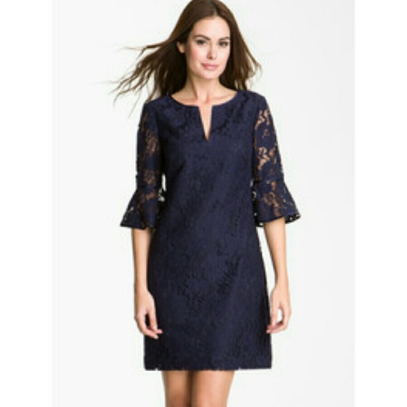 Adrianna Papell Dresses & Skirts - Adrianna Papell Navy Lace Bell Sleeve Dress