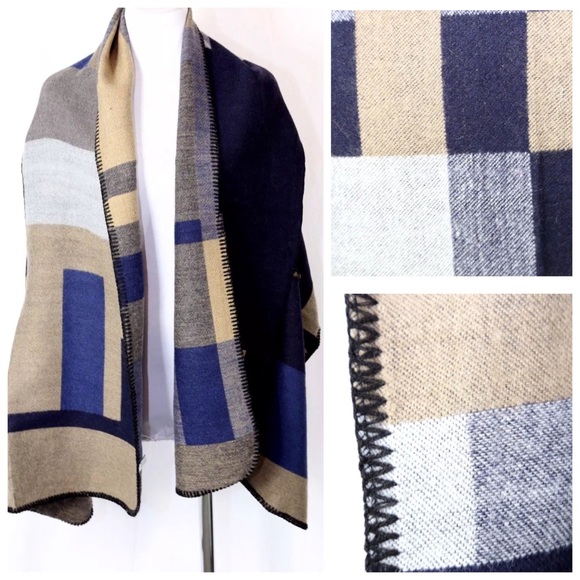 B69 Beige Navy Blue Ruana Poncho Cape Scarf - Picture 4 of 4