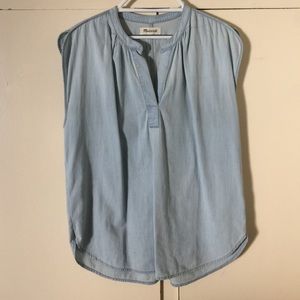 Madewell denim sleeveless blouse.
