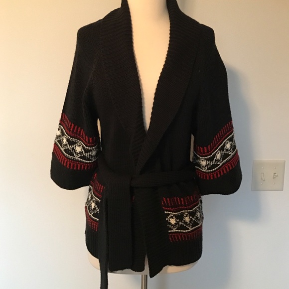 Printed belted cardigan with 3/4 sleeves