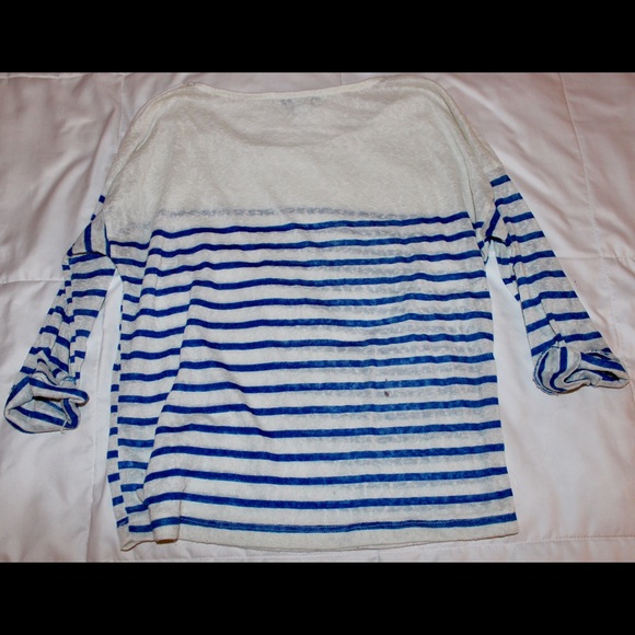Off-White and Blue Striped Quarter-Sleeve Shirt - Picture 2 of 2