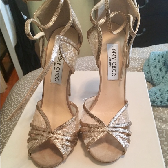 Jimmy Choo SZ 36.5 glitter & lace strappy sandal - Picture 1 of 6