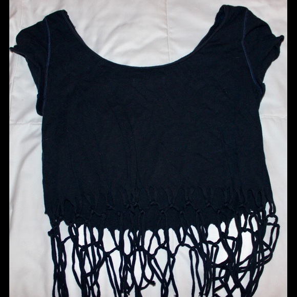 Navy Blue Fringe Bottom Top - Picture 2 of 2