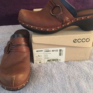 ecco studded brown distressed leather clog mules