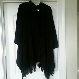 Black fringed hooded poncho