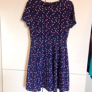 Retro polka dot navy blue, white, and red dress
