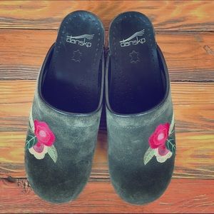 Dansko Embroidered Green Suede Clogs