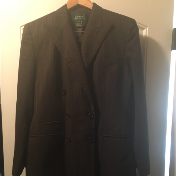 Ralph Lauren women's brown pinstriped pantsuit.