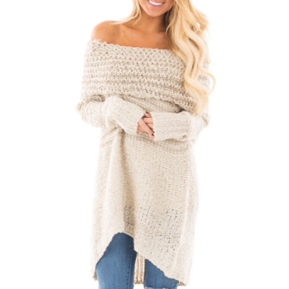 🆕🎀IVORY AND TAUPE KNIT OFF SHOULDER DRESS - Picture 2 of 4