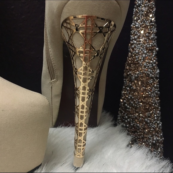 Tan Beige ankle boots zip platform heels 7.5 gold - Picture 2 of 4