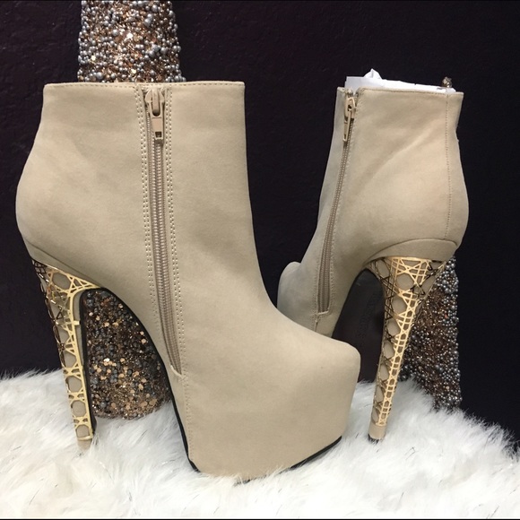Tan Beige ankle boots zip platform heels 7.5 gold - Picture 4 of 4