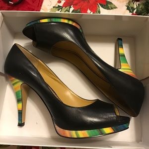 Nine West Danee Black Leather Multi Peep Toe Pumps