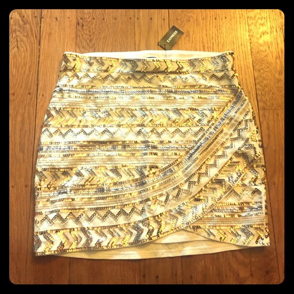 white skirt with silver and gold sequin pattern
