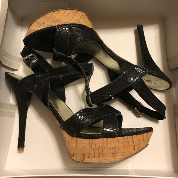 Nine West Farrow Black Snakeskin and Cork Sandals - Picture 1 of 4