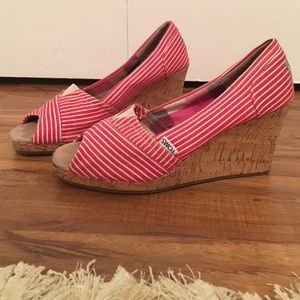 TOMS Natural Linen Cork Wedges Red White Stripe