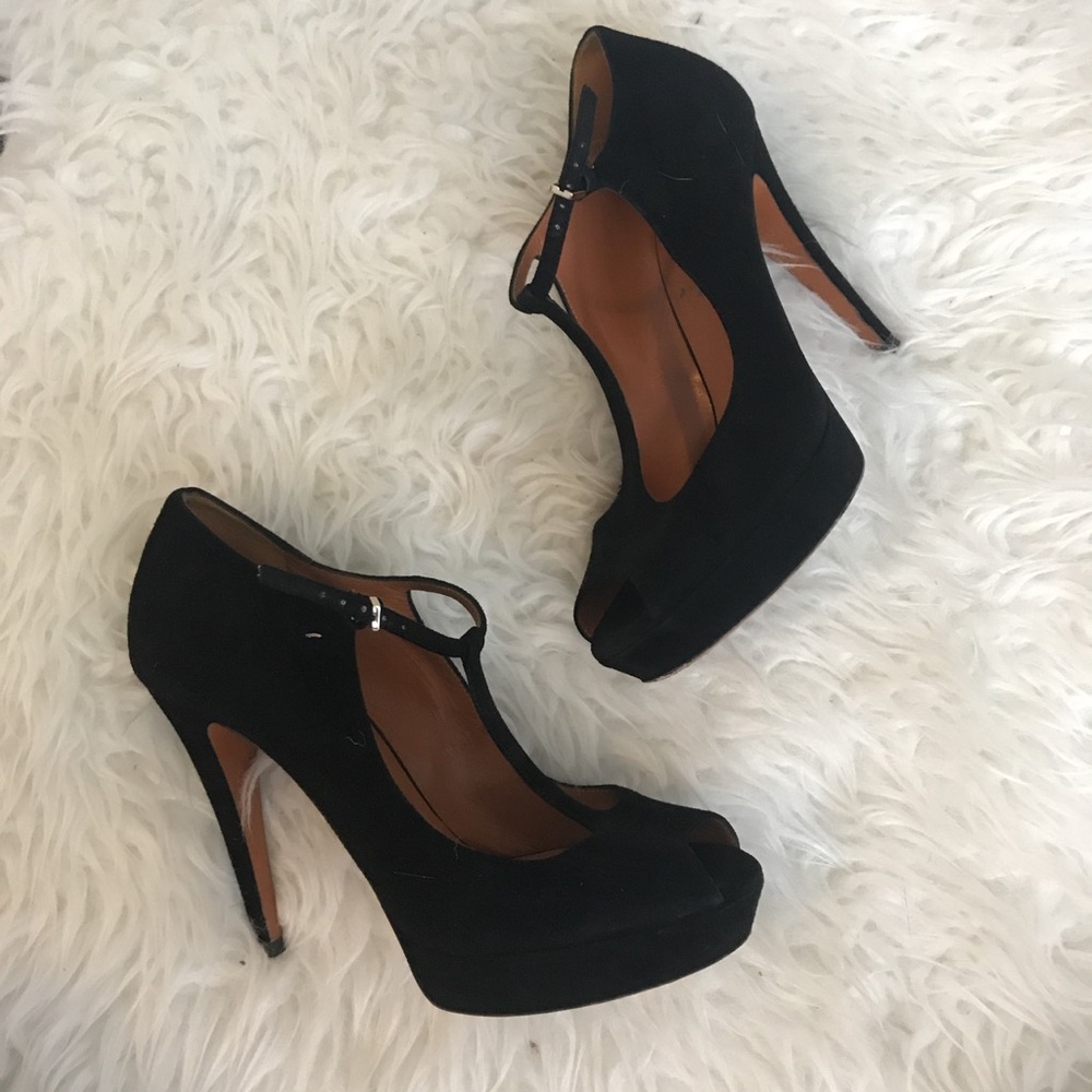 GUCCI Black Suede T-Strap Peep Tow Platform Pumps