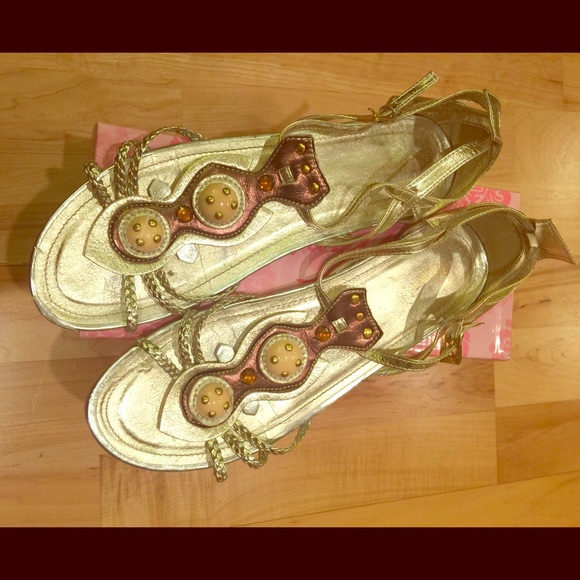 Gold Embellished Flat Sandals - Picture 1 of 3