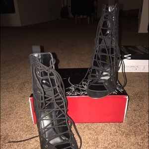 Black lace up heels with wooden heel