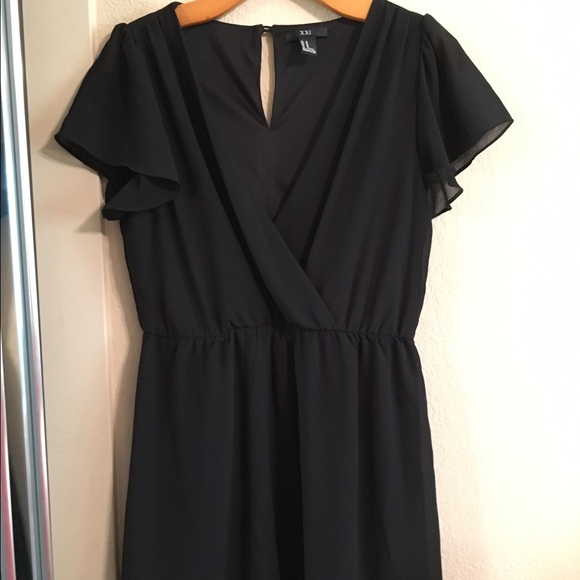 Black flutter sleeve v-neck mini dress