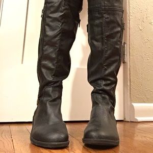 Over-the-Knee Black Leather Biker Boots