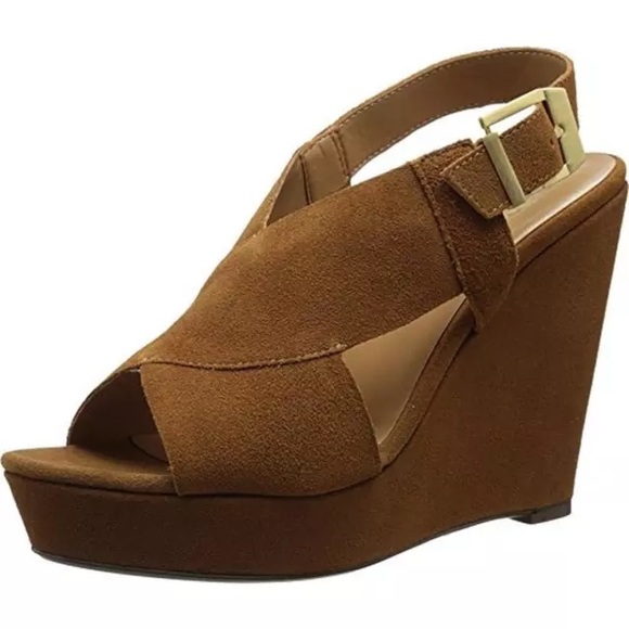 Report Shoes - Light Brown suede platform wedge slingback sandals