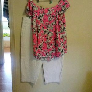 Women's Summer Top Blouse & White Capri Pants