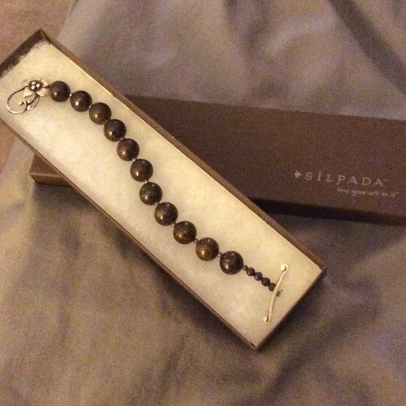 Brown wood beads silver floral clasp