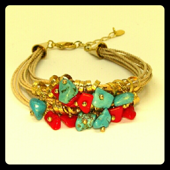 Jewelry - Turquoise Coral Stone with Gold rings Bracelet