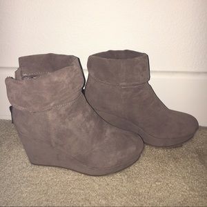 Suede Taupe Wedge Booties
