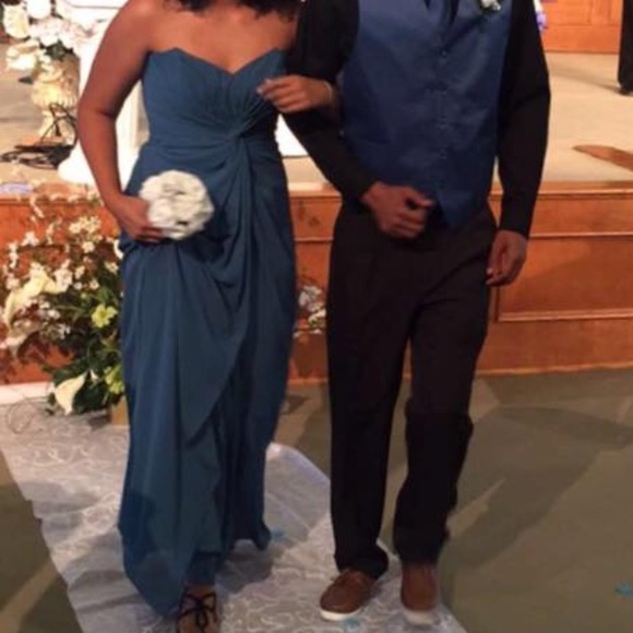 A blue long strapless dress