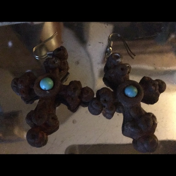 Cool cross earrings with 'turquoise' (?) center