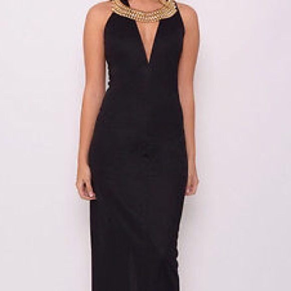 BRAND NEW BLACK PLUNGE JEWELLED MAXI DRESS