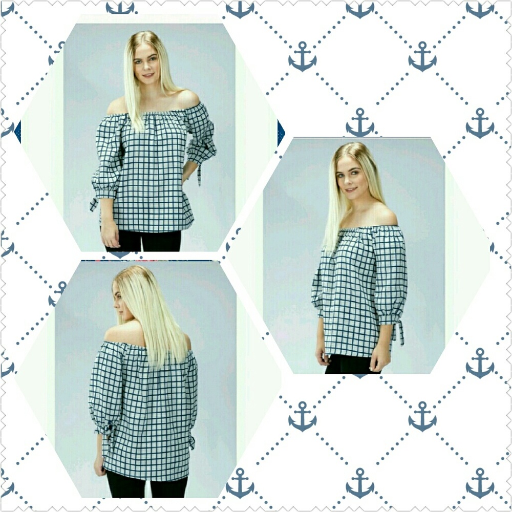 GRID PATTERN PRINT OFF THE SHOULDER TOP