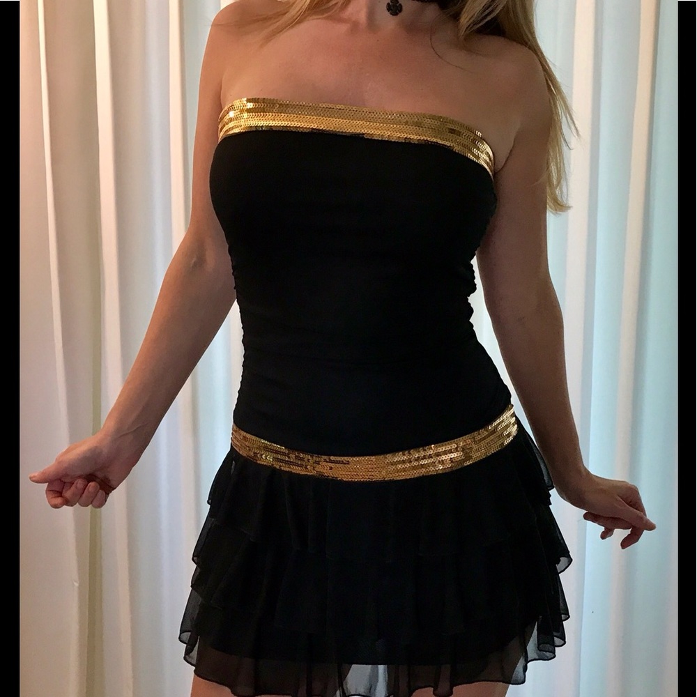 Black Ruffle & Gold Sequin Party Dress