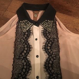BKE Sheer Blush Blouse w/ Lace & Rhinestone Detail
