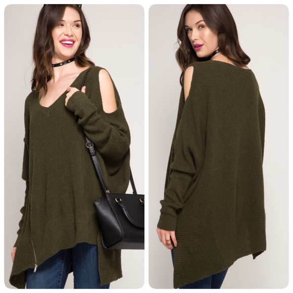 Last One! Olive Green Cold Shoulder Zip Sweater - Picture 2 of 4