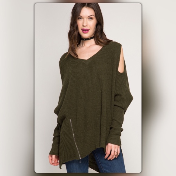 Last One! Olive Green Cold Shoulder Zip Sweater - Picture 3 of 4