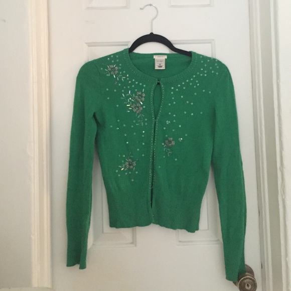 Kelly green embellished holiday cardigan sweater