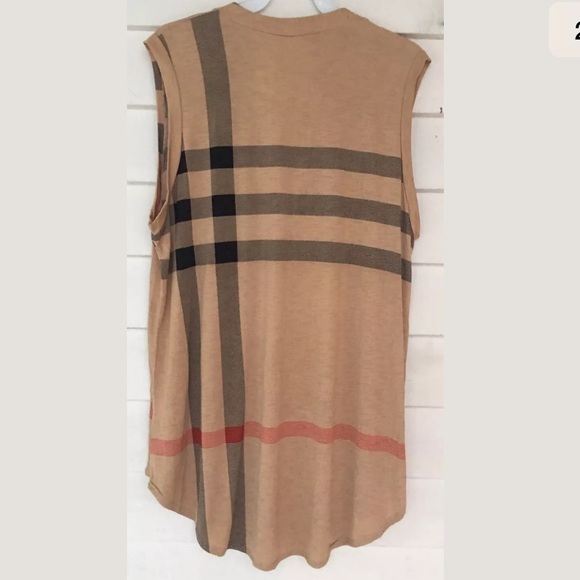 XL tan Sleeveless Tank Beige plaid Plus - Picture 3 of 3